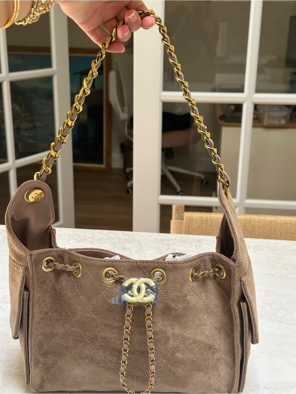 Beige Suede Drawstring Shoulder Bag